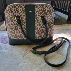 DKNY Signature Pattern Satchel with Green Accents